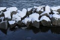 Nice details photo of snowy stones in water at winter