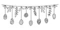 A nice Easter eggs garland decorated with leaves and flowers in doodle sketch style.