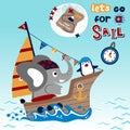 Nice elephant cartoon with little penguin on sailboat