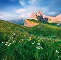 Nice evening view of Furchetta peak. Splendid summer scene of Funes Valley. Amazing sunset in Puez Odle National Park, Dolomiti Al Royalty Free Stock Photo