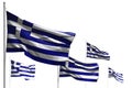 Beautiful five flags of Greece are waving isolated on white - image with bokeh - any feast flag 3d illustration