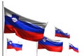 Pretty five flags of Slovenia are wave isolated on white - illustration with soft focus - any holiday flag 3d illustration