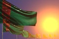 Nice feast flag 3d illustration - many Turkmenistan flags placed diagonal on sunset with place for text