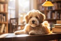 Nice fluffy white dog sitting in book cafe