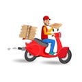 Nice food-delivery man of pizzeria on a scooter with boxes of pizza on white background