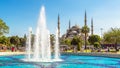 Nice fountain overlooking Blue Mosque or Sultanahmet Camii in Istanbul, Turkey. This place is famous tourist attraction of