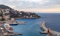 Nice, France. Aerial view of the old port of Nice, big cruise liners, lighthouse and city on the hill. Royalty Free Stock Photo