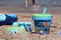 Nice , France - 5 august 2017 : Children`s beach toys - buckets, spade and shovel on sand on a sunny day . Royalty Free Stock Photo