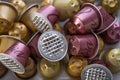 Nice, France 18.12.2020 Colorful used Nespresso coffee capsules background. Closeup view with details