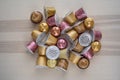 Nice, France 18.12.2020 Colorful used Nespresso coffee capsules background. Closeup view with details