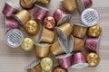 Nice, France 18.12.2020 Colorful used Nespresso coffee capsules background. Closeup view with details