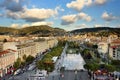 NICE, FRANCE - DECEMBER 14 2018: Aerial view of Place Massena square, La promenade du Paillon park Royalty Free Stock Photo
