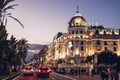 NICE, FRANCE - DECEMBER 30, 2019: Le Negresco Hotel at sunset. New Year`s Eve. Nice, France