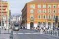 Nice, France - 18.02.2021: Electric Trams on a street of Nice, France. Place Massena city center.