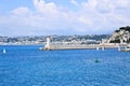 Nice, France - June 19, 2020: view of the lighthouse at Lympia harbor of Nice, French Riviera Royalty Free Stock Photo