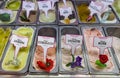 Flavors of world famous Fenocchio gelato ice cream, artisanal preparation, on display at the store in Nice, France