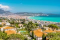 Nice, FRANCE - 13.05.2021: Scenic Panoramic View of Nice, famous tourists street Promenade des Anglais, mediterranean Royalty Free Stock Photo
