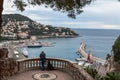 Nice, France. Aerial view of the old port of Nice, big cruise liners, lighthouse and city on the hill. Royalty Free Stock Photo