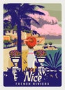 Nice French Riviera coast poster vintage. Lady on vacation, palm, resort, coast, sea, beach. Retro style illustration