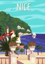 Nice French Riviera Coast Poster Vintage. Mediterranean Resort, Coast, Sea, Palms, Beach. Retro Style Illustration
