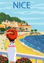 Nice French Riviera Coast Poster Vintage. Woman On Vacation, Resort, Coast, Sea, Beach. Retro Style Illustration Vector