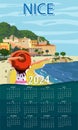 Nice French Riviera coast poster vintage. Woman on vacation, resort, coast, sea, beach. Retro style illustration vector