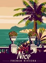 Nice French Riviera Retro Poster. Tropical coast scenic view, palm, Mediterranean marine