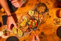 Tapas platter on a table being eaten Royalty Free Stock Photo