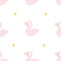 Nice gentle pattern for girls. Princess swan, crowns, stars. Fairy tale children's background Royalty Free Stock Photo