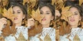 Nice girl covered with autumnal leaves. Young woman laying down on the ground covered by fall foliage in park. Beautiful girl