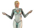 Nice girl, with a futuristic suit, grey and green colors, with high heel boots, blond hairs, 3d illustration