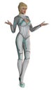 Nice girl, with a futuristic suit, grey and green colors, with high heel boots, blond hairs, 3d illustration