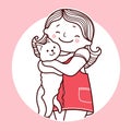 Nice girl hold cat. Vector hand drawn pink card illustration with teenager girl and white cat on pink greeting card background Royalty Free Stock Photo