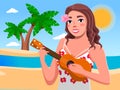 Nice girl with long hair standing on the ocean shore against two palm trees and playing ukulele Royalty Free Stock Photo