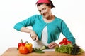 Nice girl preparing to eat. Fresh vegetables. Salad vegetarian.