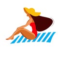 Nice girl in a red swimsuit and a yellow hat on the beach. Sits on a blue chaise lounge with white stripes