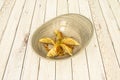 Nice gray porcelain bowl with a portion of Japanese dumplings, gyozas, cooked on the grill in a Chinese restaurant