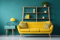 Nice green loveseat sofa with yellow pillows. Wooden bookcase near teal wall. Scandinavian interior design of modern room