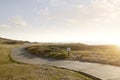 nice green shore and path during sunset