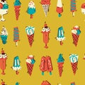 Nice Hand Drawn Doodle Ice Cream Pattern. Seamless Vector Background