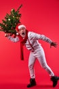 Nice handsome virile masculine content gray-haired man carrying festal green for wintertime Royalty Free Stock Photo