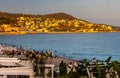 Nice harbor panorama with Vieille Ville castle beach, Mont Boron and Saint Jean Cap Ferrat cape on French Riviera in France