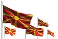 Nice holiday flag 3d illustration - five flags of Macedonia are waving isolated on white