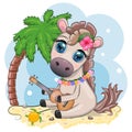 Nice horse, pony in flower wreath, hat, guitar, hula dancer from Hawaii. Summer card for the festival, travel banner Royalty Free Stock Photo