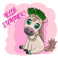 Nice horse, pony in flower wreath, hat, guitar, hula dancer from Hawaii. Summer card for the festival, travel banner