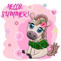 Nice horse, pony in flower wreath, hat, guitar, hula dancer from Hawaii. Summer card for the festival, travel banner