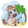 Nice horse, pony in flower wreath, hat, guitar, hula dancer from Hawaii. Summer card for the festival, travel banner