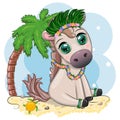 Nice horse, pony in flower wreath, hat, guitar, hula dancer from Hawaii. Summer card for the festival, travel banner