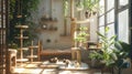 a nice house adorned with multiple cat trees, each occupied by contented felines lounging and playing amidst the