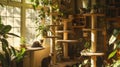 a nice house adorned with multiple cat trees, each occupied by contented felines lounging and playing amidst the